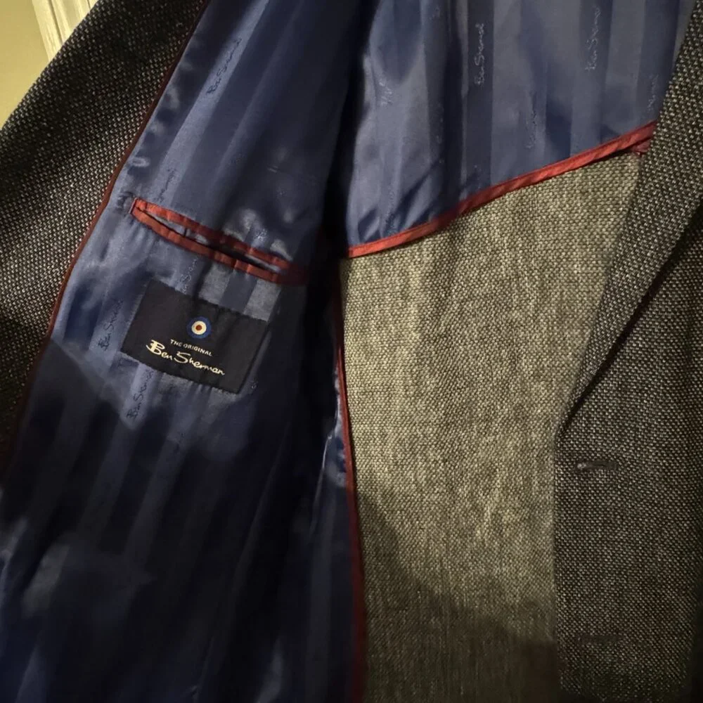 Mens Ben Sherman Suit Jacket Blazer Dark Gray Blue/Red Interior